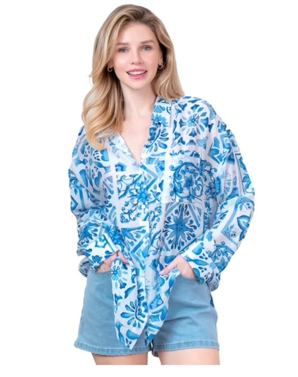 Peach Women's Long Sleeve Oversized Voile Button Down Shirt Beach Fruit Print S